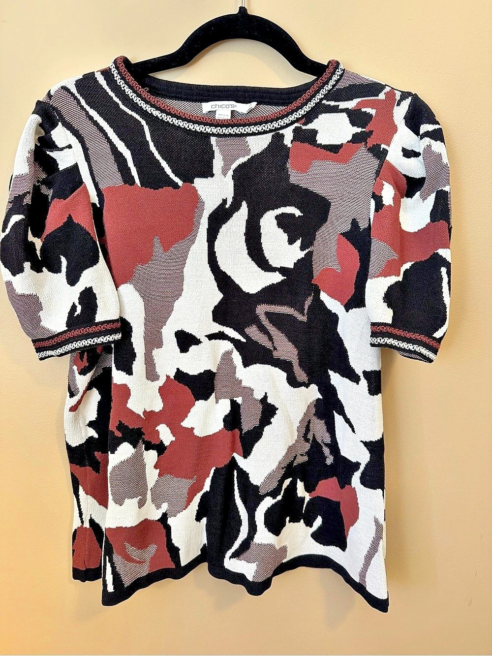 CHICO'S Abstract Jacquard Knit Puff Sleeve Top Sweater Shirt Size 2 LARGE L